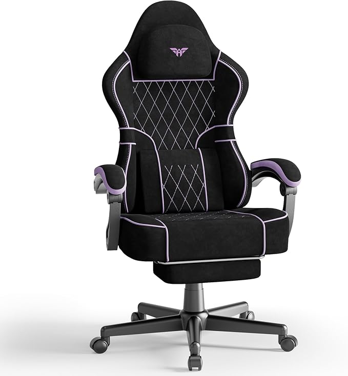 Ferghana Velvet Fabric Ergonomic Gaming Chair with Footrest and Linkage Armrest High Back Computer Game Chair with Massage Lumbar Support for Adult(Black/Purple)