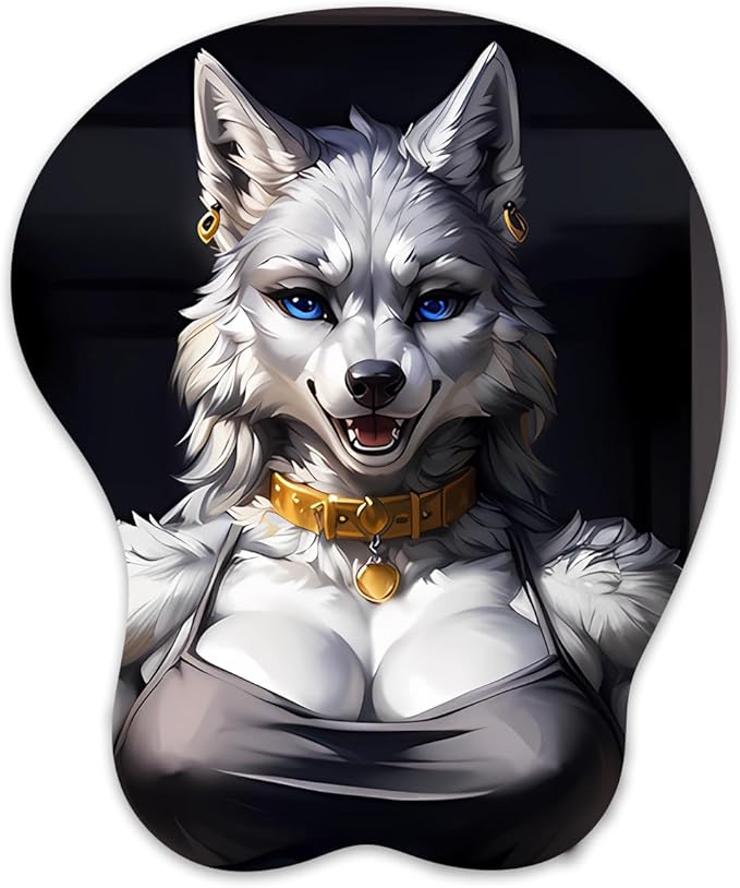 3D Mouse Pad Oppai Mousepad with Soft Gel Wrist Rest Anime Manga Gaming Boob pad Anti-Slip Mouse Mat (wolfgirl)
