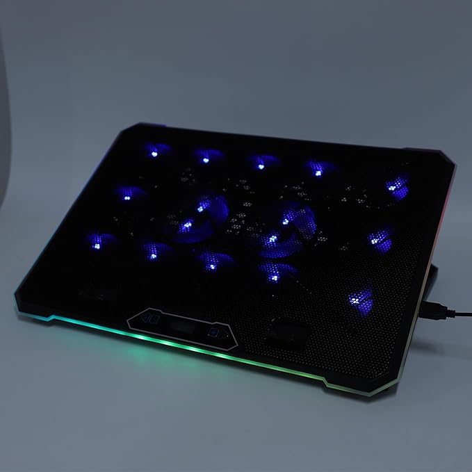 Laptop Cooling Pad RGB 10 Lighting Modes Ergonomic Design 8-Level Height Dual USB Ports for 12-19 Inch Laptops Supports Phone Stand Built from ABS and Aluminum (14 Fans)