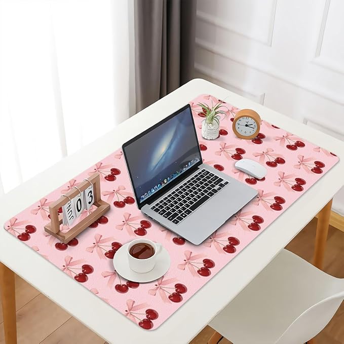 Cute Bow Cherry Pink Extended Gaming Keyboard Mouse Pad Non-Slip Leather Home Office Desk Mat Protector Laptop Desk Pad Writing Pad