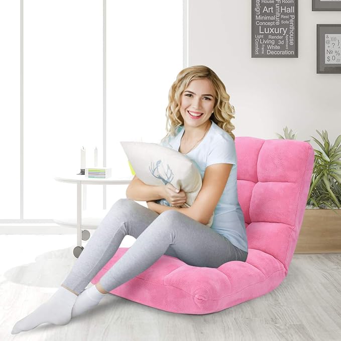 GOFLAME 14-Position Folding Floor Chair Padded Gaming Lazy Sofa Chair with Adjustable Backrest Couch Recliner Sleeper Bed Lounge Chair for Reading Gaming Meditating (Pink)
