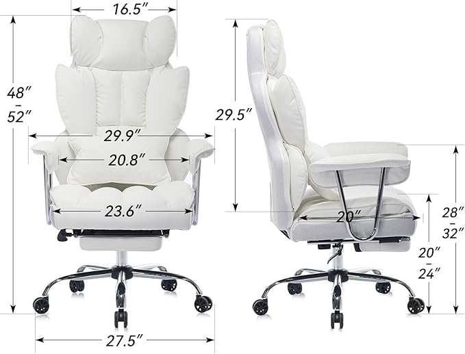 Big and Tall Office Chair 400lbs - Heavy Duty Executive Desk Chair with Footrest High Back PU Leather Ergonomic Computer Chair with Extra Wide Seat &amp Thick Cushion for Home Office (White)