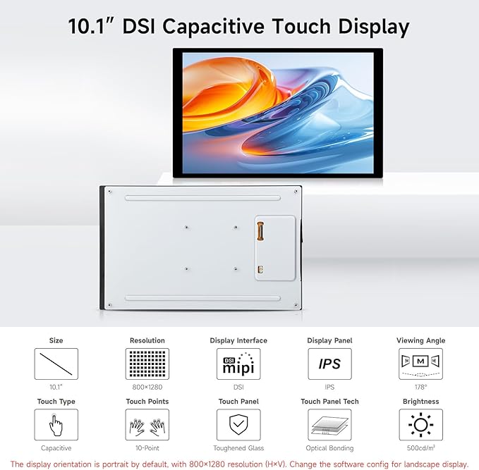 waveshare 10.1inch DSI Capacitive Touch Display Comaptible with Raspberry Pi 5/4B/3B 800×1280 IPS Panell 10-Point Touch