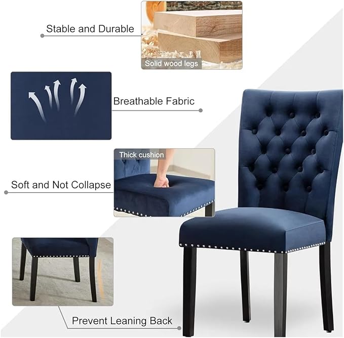 Adjustable Office Computer Chair with Armrest 1pcs Blue Velvet Upholstered Tufted Button Backrest Solid Wood Frame Dining Room Chair