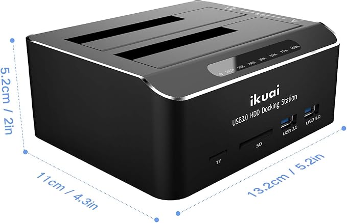 SATA to USB 3.0 Dual Bay Hard Drive Dock for 2.5/3.5 SATA HDD SSD with Micro SD Card Reader 2 USB 3.0 Port Offline Clone Function External Hard Drive Docking Station 2X20TB and UASP Support