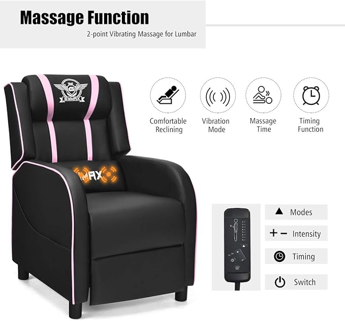 POWERSTONE Gaming Recliner Chair Reclining Gaming Chairs for Adults Ergonomic Leather Sofa with Footrest Lumbar Support Headrest and Side Pouch for Living Room Home Theater Pink