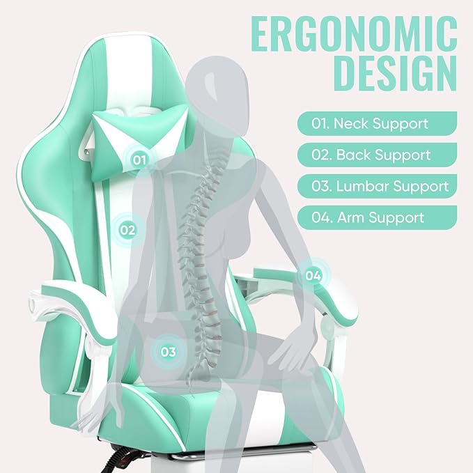 Ferghana Gaming Chairs Ergonomic Racing Style PC Game Computer Chair with Headrest Lumbar Support Adjustable Recliner PU Leather Video Computer Chair(Light Green)