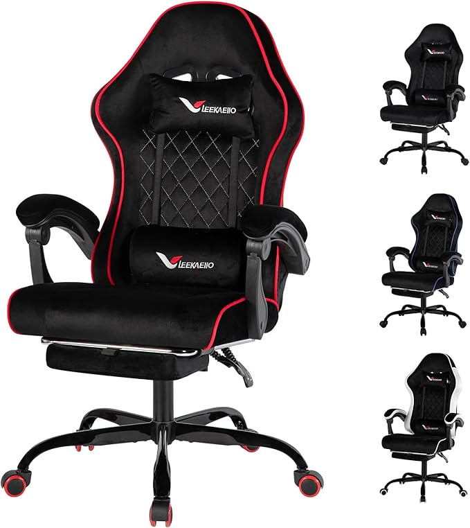 Velvet Gaming Chair for Adults with Pocket Spring Cushion SeatSoft Gaming Chair Fabric with Extendable Footrest Swivel Recliner with Ergonomic Lumbar Support and Headrest for Home/Office(red)
