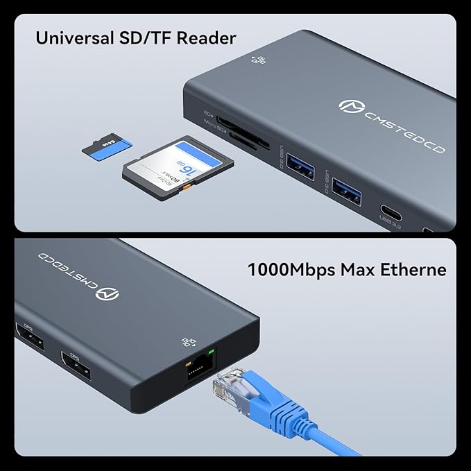 USB C Docking Station 3 Monitors 100W PD 12 in 1 Thunderbolt to Triple Monitor Docking Station USB C Hub Multiple Adapter 2xUSB-C 3.2 2xUSB-A 3.0 SD Card 1000Mbps Ethernet Light Gray