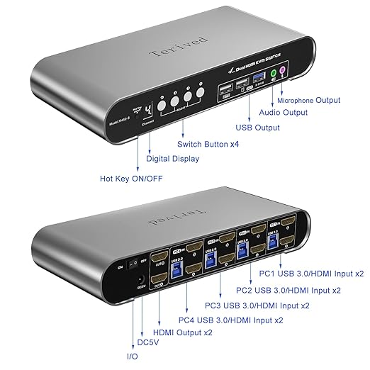 4 Computers 2 Monitors USB 3.0 HDMI KVM Switch 4K@60Hz with Hotkey Switching Automatic Switching 4 Port Dual Monitor Aluminum Digital Display USB 3.0 Audio/Mic EDID HDR10 with Cables