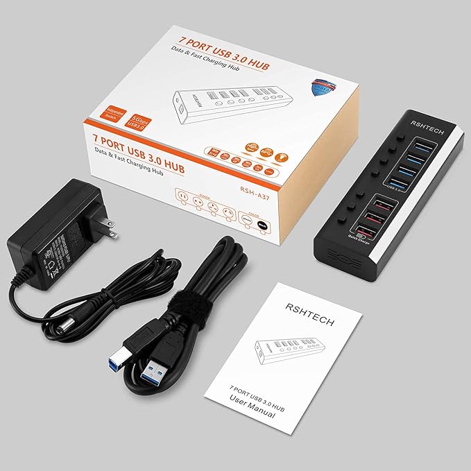 Powered USB Hub RSHTECH 7 Ports USB 3.0 Hub with 4 High Speed Data Transfer Ports + 3 Fast Charging Ports36W 12V/3A Power Adapter and Individual On/Off Switches(A37-Black)