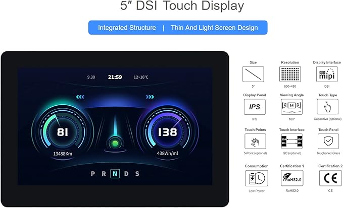 waveshare 5inch DSI Touch Display for Raspberry Pi 4B/3B+/3A+/3B/2B/B+/A+ Thin &amp Light Touch Screen 800×480 Resolution IPS Display Support 5-Point Capacitive Touch