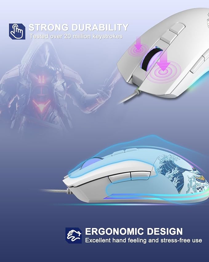 COSTOM Womier G705 USB Wired Gaming Mouse for PC Computer Windows Mac Laptop Lightweight Silent RGB Backlit Mouse with Adjustable 12000DPI/7 Programmable Side ButtonsWhite Kanagawa Theme
