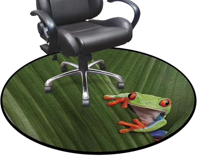 Green Office Chair Cushion Mat Red Eyed Tree Frog Hiding in Exotic Rainforest Tropical Hard Floors Non Slip Multi-Purpose Desk Chair Mat Rug for Hardwood Tile Floor Carpets Animal Diameter 48 in