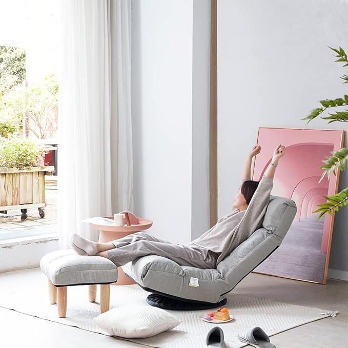 Lazy Sofa with Footstool Swivel Tatami Reclining Chair Comfortable Gaming Chair with Adjustable Headrest Backrest Floor Chair for Gaming Reading and Relaxing