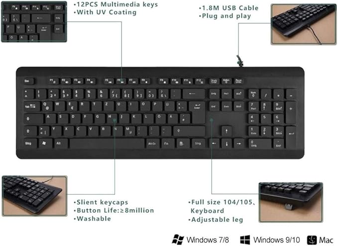 BoxWave Keyboard Compatible with LG Gram 14 (14Z90P) - AquaProof USB Keyboard Washable Waterproof Water Resistant - Jet Black