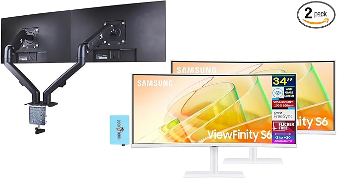 Samsung View Finity S6 S65TC 34 Ultra-WQHD VA Monitor with HDR10 AMD FreeSync Anti Glare Flicker Free Displayport White (LS34C654TANXGO) 2 Pack with DKZ Hub &amp ErgoFlexy Dual Monitor Mount