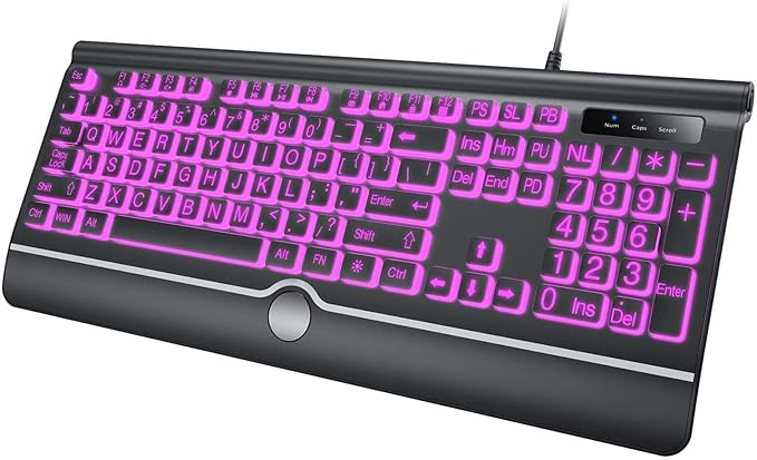Backlit Large Print Keyboard Wired Light Up Keyboards with 7-Color Backlit Wrist Rest Oversize Letters Keys Easy to See and Type Corded Full-Size Keyboard for Windows Desktop Laptop PC Gaming