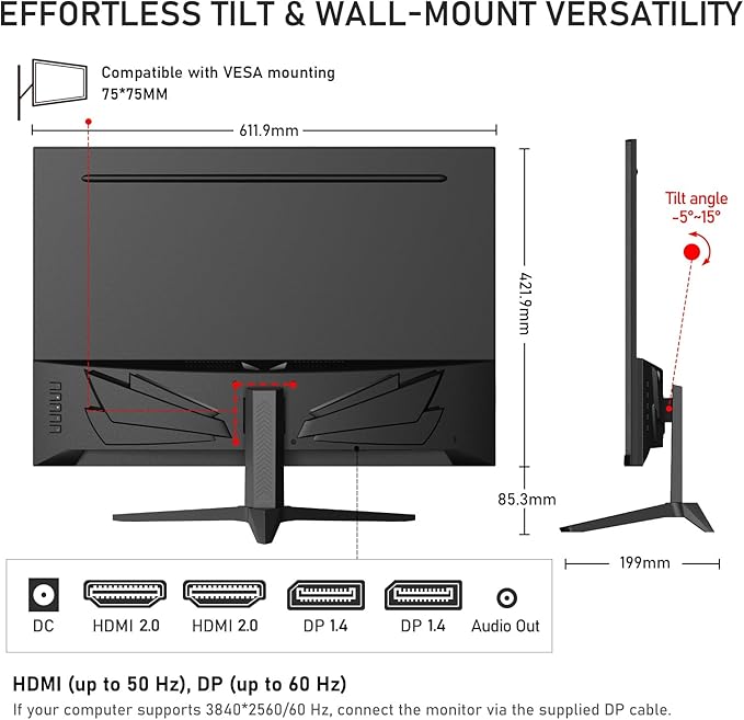Gawfolk 28 Inch 4K Monitor IPS 60Hz UHD (3840x2560p) PC Screen Built-in Speakers Ultra HD Computer Dispaly for Home &amp Office Support HDMI &amp DP 3:2 10Bit 1.07 Billion Colours
