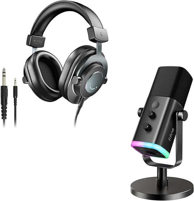 FIFINE XLR/USB Microphone and Studio Monitor Headphones Set Computer Recording Mic with Mute Button RGB Over Ear Wired Headset Pack for YouTube Podcasting Streaming Gaming (AM8+H8)