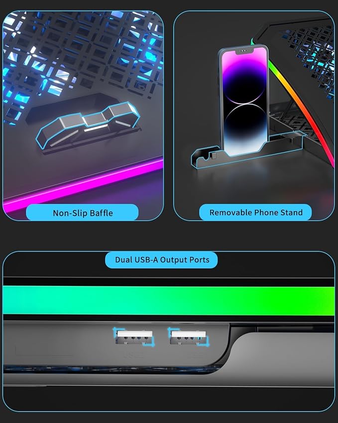 KeiBn 9 Fans &amp 5.5inch Powerful Cooling Fan Free Height Adjustment 10 RGB Lights Phone Stand-Blue