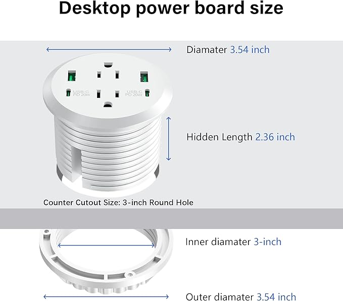 Desktop Power Grommet 3-inch Hole40W Total Fast Charging Station 2 PD 20W USB C PortFlush-Mount Recessed Power Strip 2 AC Outlets4 USB Portsin to The Top of Your Desk6ft Cord