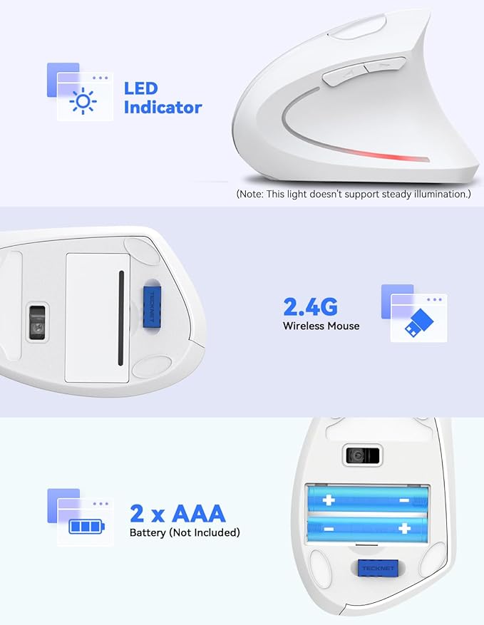 TECKNET Ergonomic Mouse 4800 DPI Wireless Vertical Mouse with 5 Adjustable DPI Levels 6 Buttons 2.4GHz Optical Carpal Tunnel Mouse for Laptop Desktop PC MacBook - White