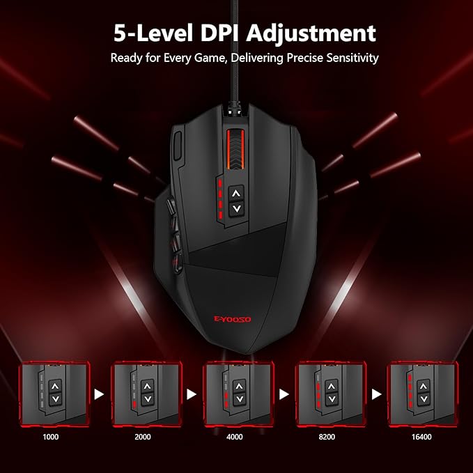 Premium Wired MMO Gaming Mouse For MOBA/FPS/RPG16400 DPIRapid Fire One-Button Triple Shot5.9FT Cable5 RGB Backlit18 Programmable Side Buttons 8 x 2.4g Weight TuningFor PC Computer/Desktop