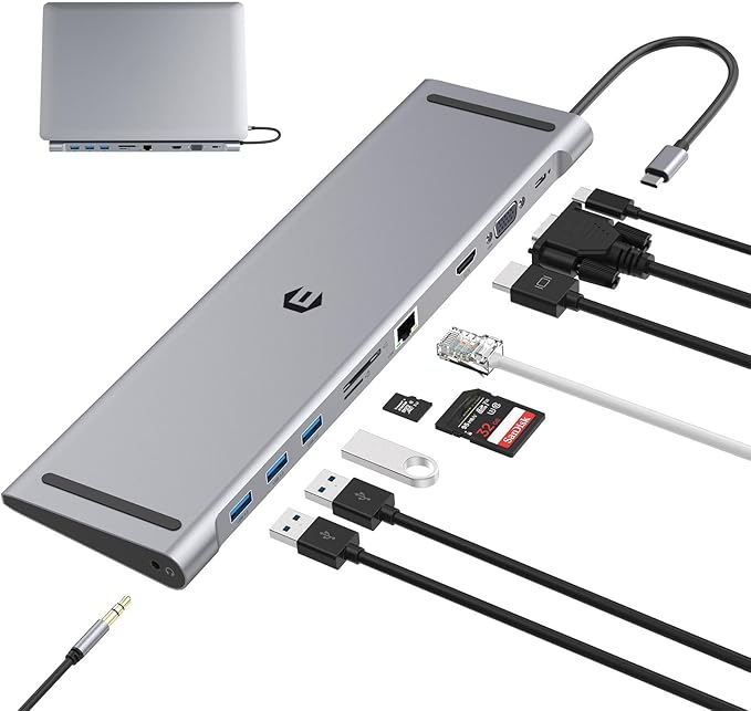 Docking Station10 in 1 Docking Station Dual Monitor with 4k HDMI Vga 3xusb 3.0 Pd 100w Ethernet SD/TF Slots Audio/Mic USB Adapter for Laptop