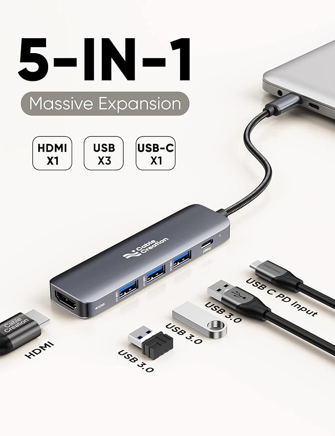 USB C Hub CableCreation 5-in-1 USB C to HDMI Multiport Adapter 100W PD 3 USB 3.0 Ports for MacBook Pro MacBook Air M1/M2 iPad Pro Surface Pro XPS
