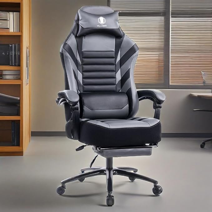 Swivel Gaming Chair Computer Chair with Footrest and Lumbar Support Ergonomic Comfortable Office Chair for Adults Height Adjustable Reclining Chairs for Office Gaming Lounge (Grey)