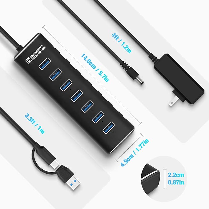 Powered USB Hub Rosonway 7 Ports USB 3.1/3.2 Gen 2 Hub 10Gbps with 3.3ft USB-A/USB-C Data Cable Individual Switches and 24W Power Adapter Aluminum USB C Hub for Laptop and PC RSH-A107