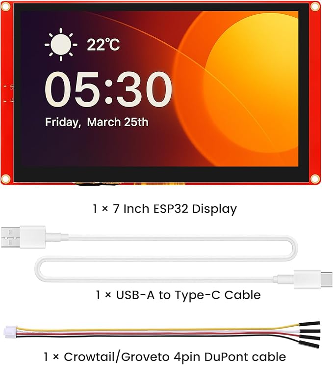 ELECROW ESP32 Display 800×480 7 Inch HMI Basic ESP32 RGB TFT LCD Touch Screen 32-Bit LX6 Dual-Core Processor Up to 240MHz Compatible with Arduino LVGL PlatformIO MicroPython