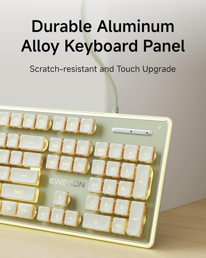 EWEADN GX710S Backlit Computer Keyboards Wired USB Keyboard with Warm Backlit Metal Panel Plug and Play Pudding Keycaps Full Size Quite Computer Keyboard for Win/PC/Laptop-Green