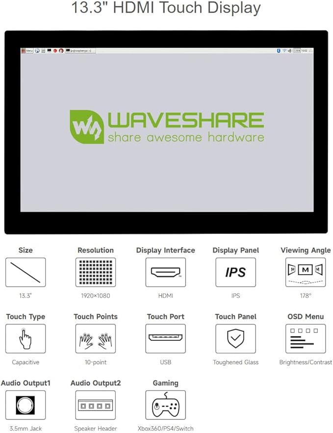 waveshare 13.3inch Capacitive Touch Screen LCD Compatible with Raspberry Pi 4B/3B+/3A+/2B/B+/A+/Zero/Zero W/WH/Zero 2W CM3+/4 1920×1080 Resolution HDMI IPS Supports Jetson Nano/Windows