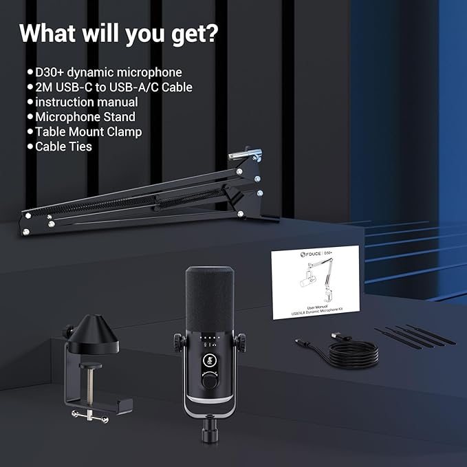 FDUCE USB/XLR Gaming Microphone kit Dynamic PC Mic for Podcasting Streaming Computer RGB Mic Kit with Boom Arm Stand Mute Button and Headphone Jack for Recording Vocal Voice-Over (D30+)