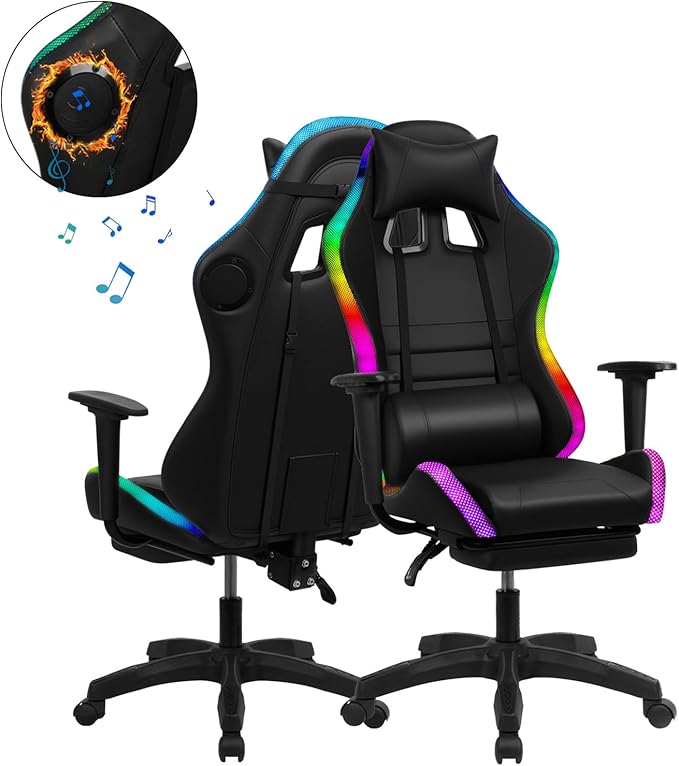 Gaming Chair with Built-in Speakers Ergonomic High Back Office Gaming Chair with Massage Lumbar Support LED Lights Retractable Footrest Adjustable Swivel Chair 350lbs (Muticolor)