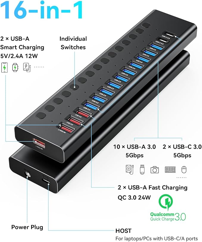 Powered USB Hub AGEEN 16-Port USB 3.0 Hub (10 USB-A 3.0+2 QC 24W Fast Charging+2 Smart Charging+2 USB-C 3.0 Ports) 12V/8A 96W UL Certified Power Adapter for PC Laptop HDD Flash Drive (16-Port)