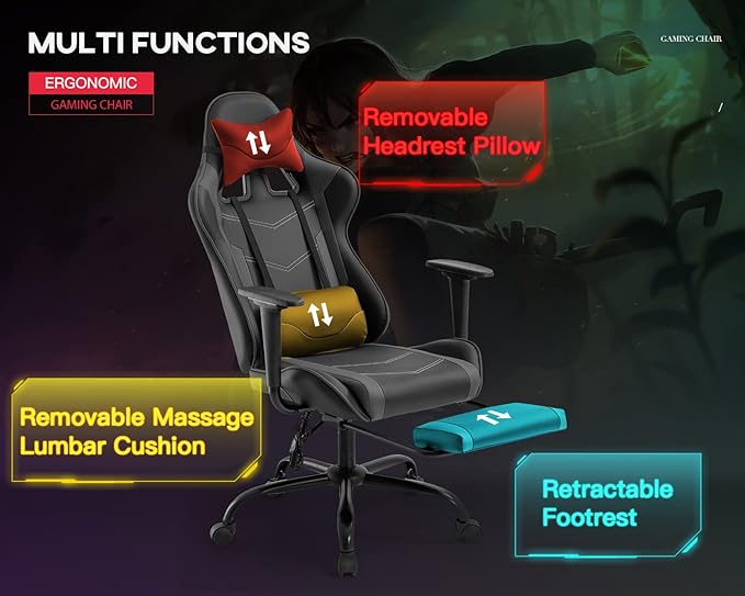 Ergonomic Big and Tall Gaming Chair - Massage Function Lumbar Support Footrest &amp Armrest - PU Leather Racing Style Chair for Adults