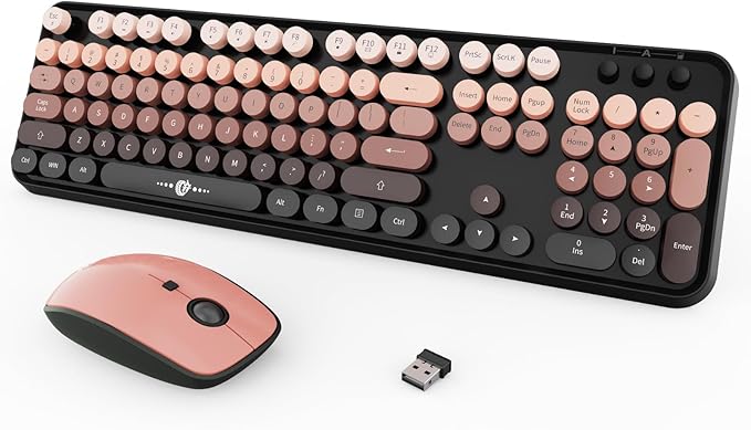 FOPETT Wireless Keyboard and Mouse Combo 104 Keys Full-Sized 2.4 GHz Round Keycap Colorful Keyboards USB Receiver Plug and Play for Windows Mac PC Laptop Desktop (GradientPink)