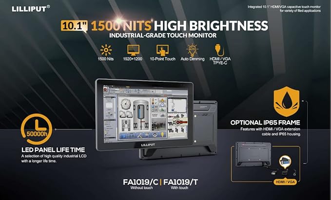 LILLIPUT FA1019/C 10.1 1500 NITS high brightness FHD 1000:1 HDMI/VGA Supports 4K 30Hz with Flip image function for Teleprompter (FA1019/C -Standard version with HDMI and VGA -no IP rating)