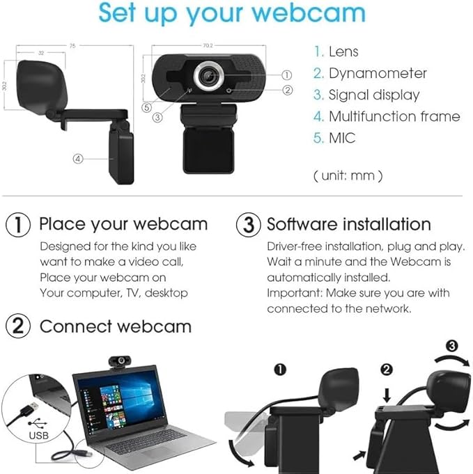 Smart Home Webcam with Own 1080P Wide Angle Built-in Stereo Microphone Support for Lens Autofocus Plug and Play