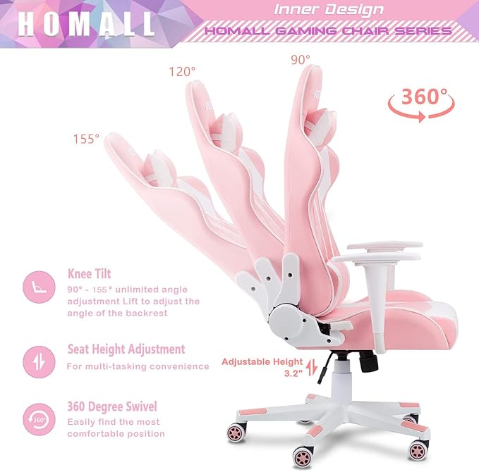 Homall Gaming Chair Office Chair High Back Computer Chair Leather Desk Chair Racing Executive Ergonomic Adjustable Swivel Task Chair with Headrest and Lumbar Support(Pink)
