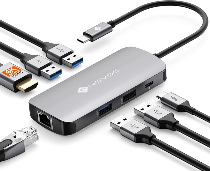 NOVOO USB C Hub Ethernet 4K@60 USB C HDMI Adapter Multiport Type C Adapter 4 USB 3.0 &amp USB2.0 Dongle 100W PD Dock Docking Station for MacBook Pro Air Apple iPad Pro Steam Deck Dell HP Lenovo 7-in-