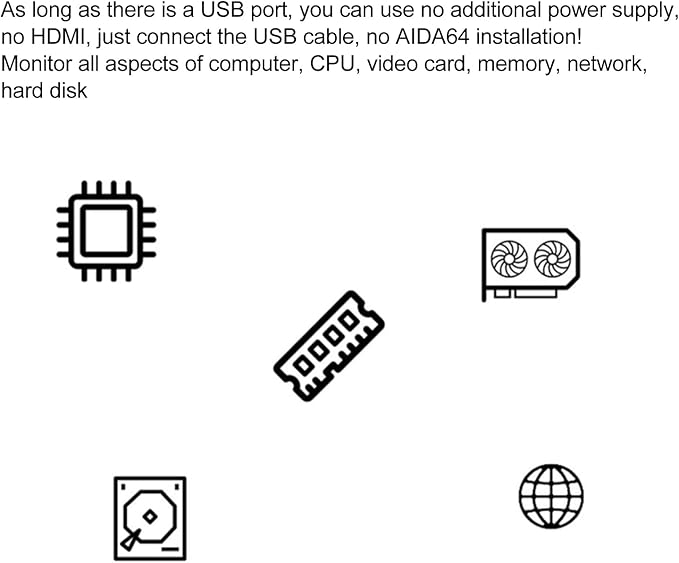 Yunseity Computer Temp Monitor AIDA64 PC CPU Hard Disk Real Time Data Monitor 3.5 Inch USB Mini Screen PC Sensor Panel Display with USB Type C Port (Black)