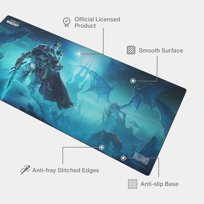 World of Warcraft Lich King Gaming Mousepad Computer Mouse Mat Flat Stitched Edge Non-Slip Rubber Base Gamers &amp Office Use 35 x 16 - Officially Licensed
