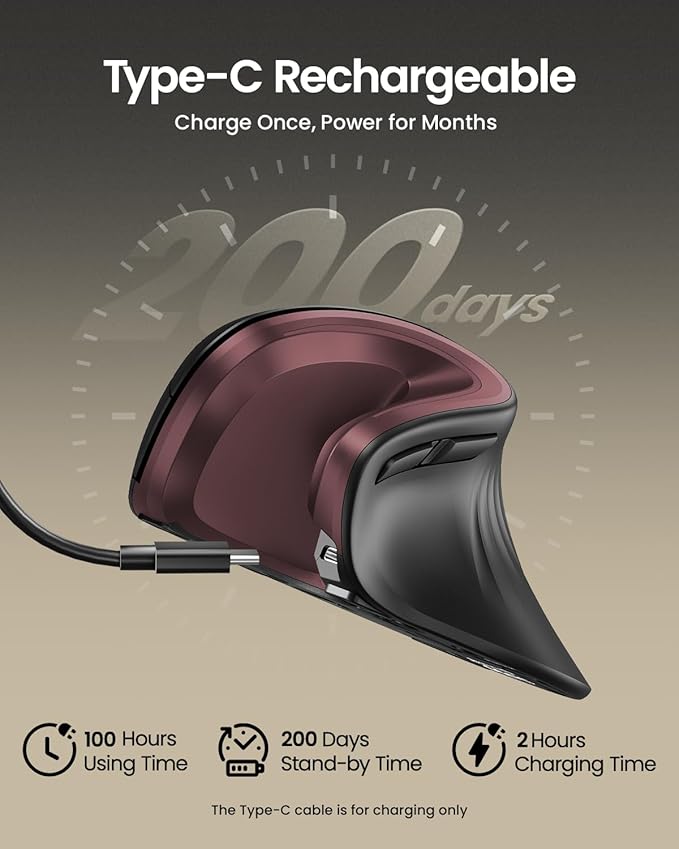 ProtoArc Ergonomic Mouse EM11 NL Bluetooth Rechargeable Wireless Vertical Mouse 3 Multi-Device Connectivity for Computer/PC/Laptop 2.4GHz USB-A Optical Mice for Windows Mac OS Wine Red