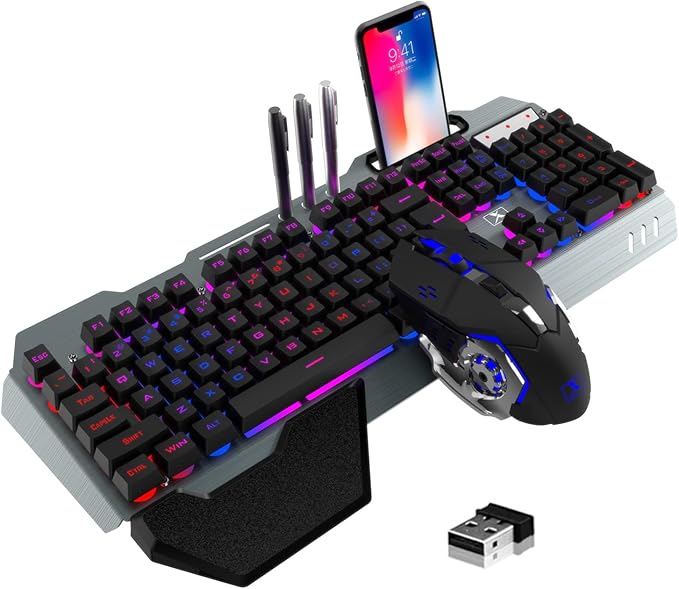 Wireless Gaming Keyboard and Mouse ComboRainbow LED Backlit Keyboard with Rechargeable 3800mAh Battery Metal PanelRemovable Wrist Rest Mechanical Feel and 7 Color Mute Gaming Mice for PC PS4 PS5