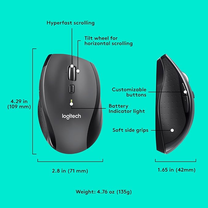 Logitech M705 Marathon Wireless Mouse Gaming Mouse Wireless 2.4 GHz USB-A Receiver 5-Programmable Buttons 3-Year Battery PC Mac Laptop Chromebook - Black