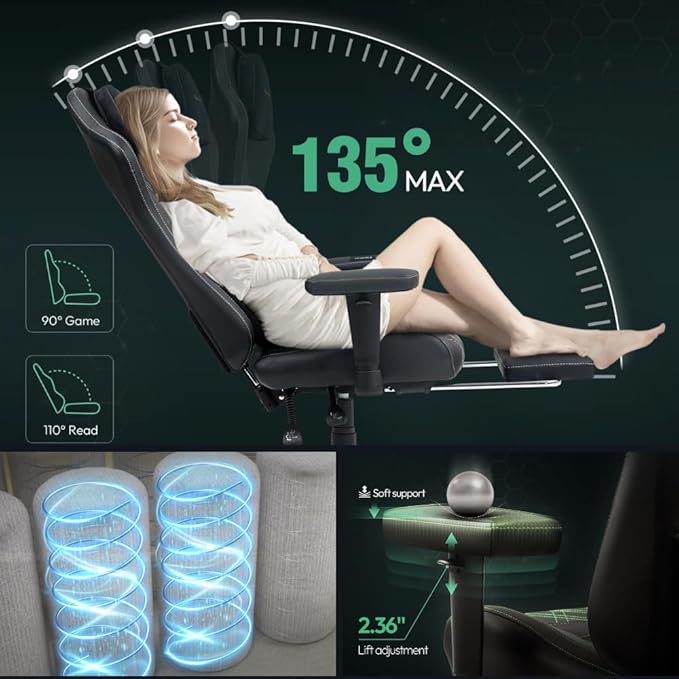 Dowinx LS-665TE0D Gaming Chair with Heated Massage Lumbar SupportErgonomic Computer Chair with Pocket Spring CushionReclining Game Chair with Adjustable Padded Armrests and FootrestBlack-Green